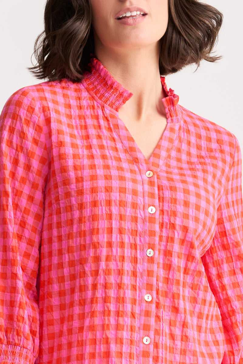 Cotton Crinkle Shirt - Pink and Orange Gingham