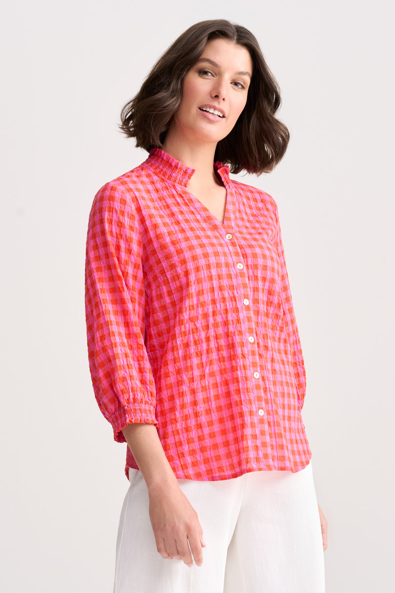 Cotton Crinkle Shirt - Pink and Orange Gingham