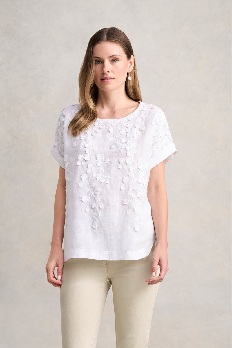 Mixed Linen Floral T-Shirt - White