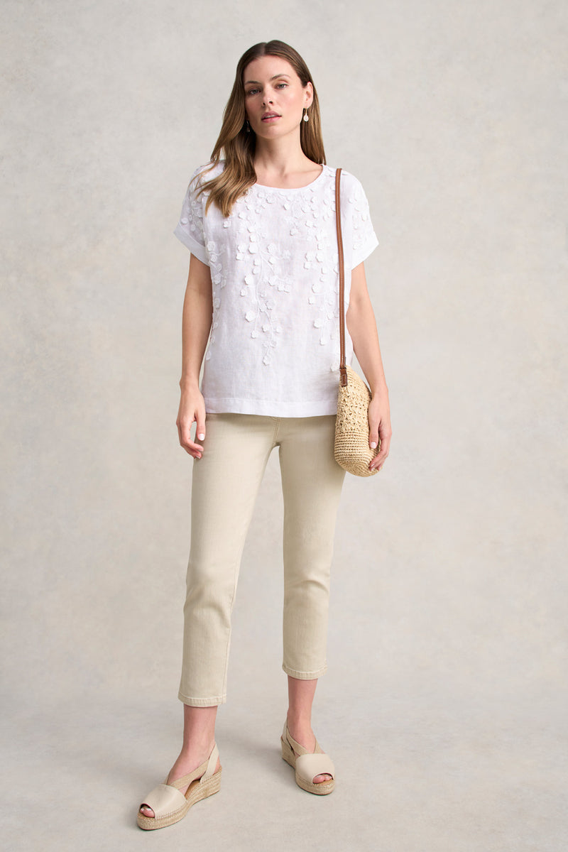 Mixed Linen Floral T-Shirt - White