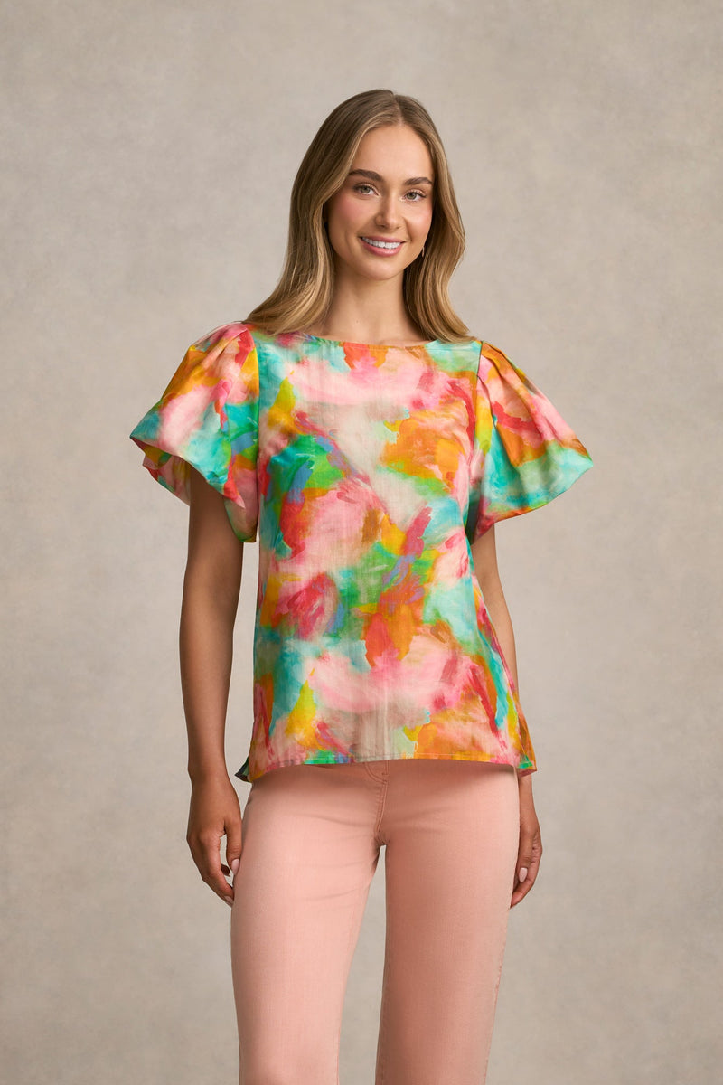 Puff Sleeve Blouse - Abstract Print