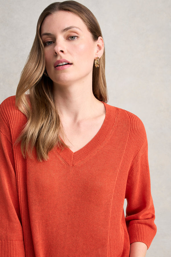 V-Neck Linen Knit - Burnt Orange