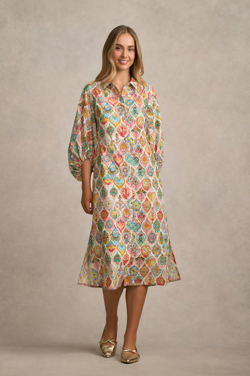 Cotton Shirt Dress - Pink Nouveau Print