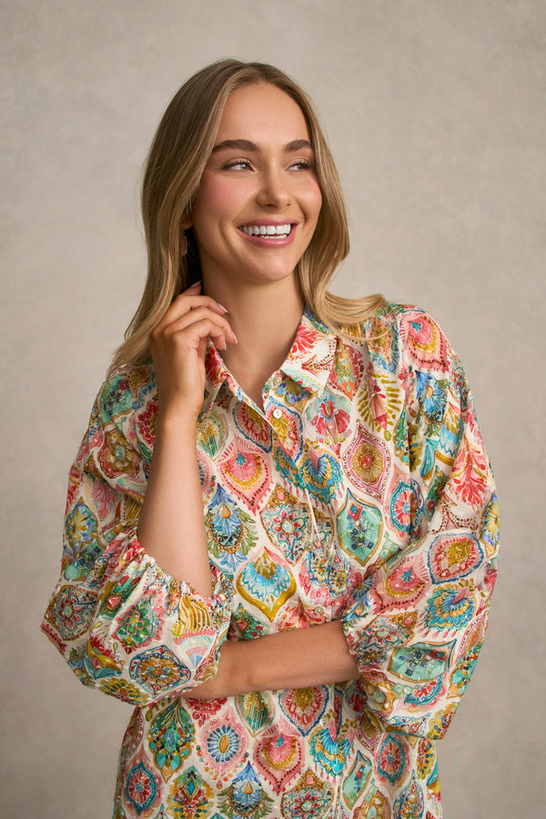 Cotton Shirt Dress - Pink Nouveau Print