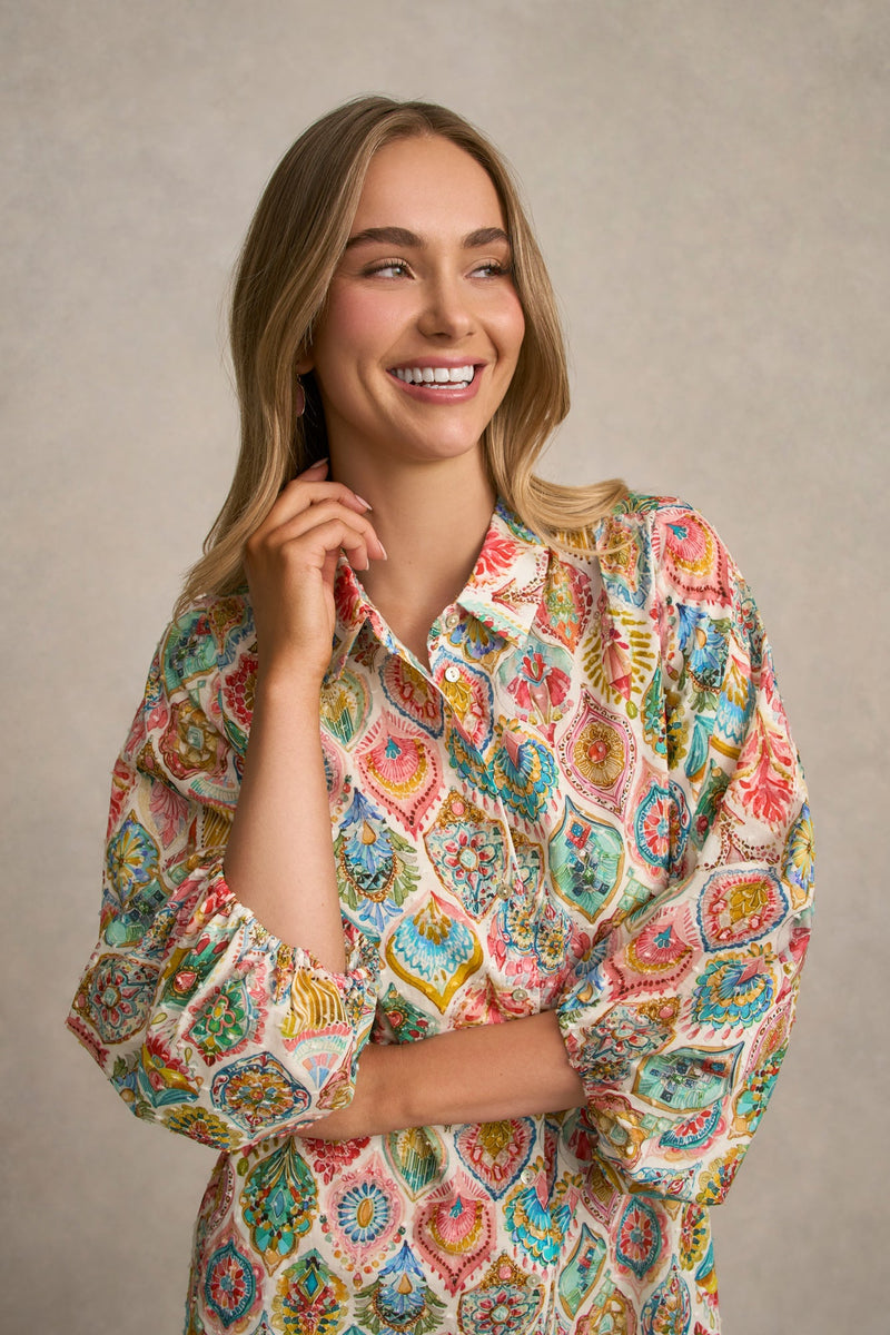Cotton Shirt Dress - Pink Nouveau Print