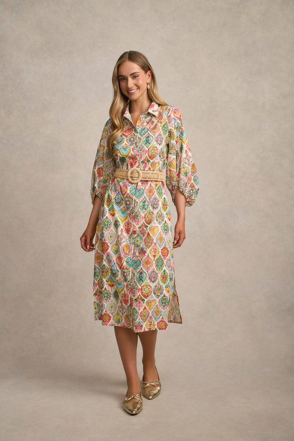 Cotton Shirt Dress - Pink Nouveau Print