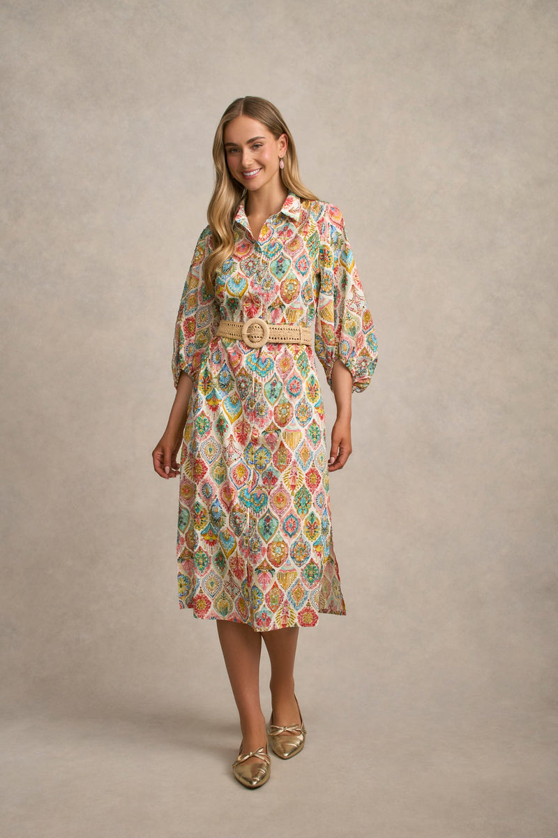 Cotton Shirt Dress - Pink Nouveau Print
