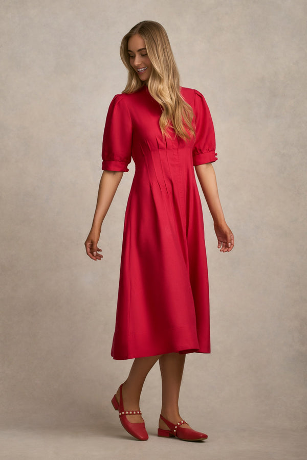 Pintuck Linen Dress - Brick Red