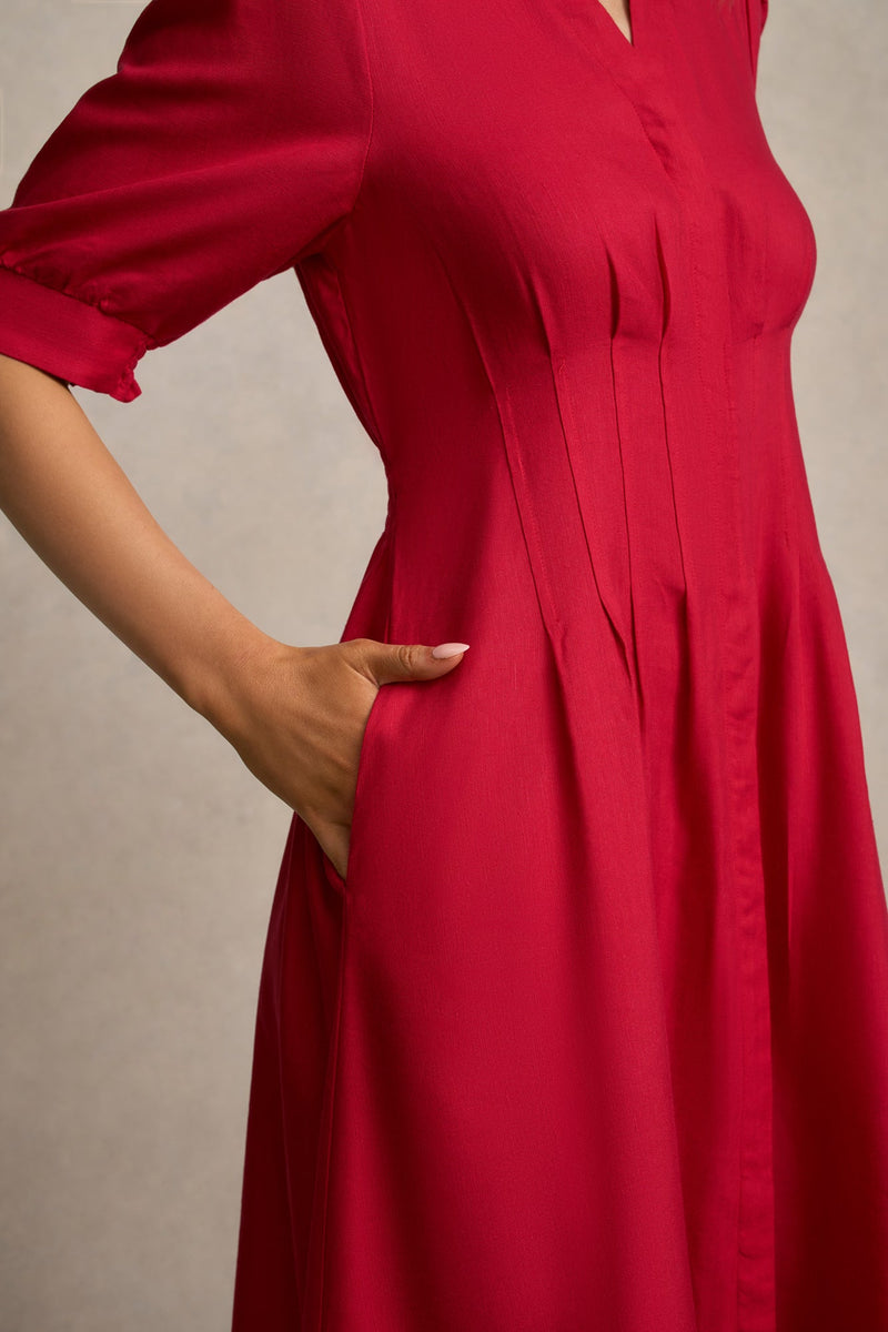 Pintuck Linen Dress - Brick Red