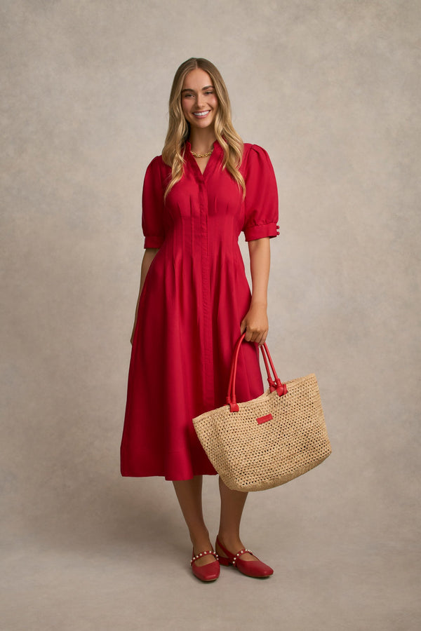 Pintuck Linen Dress - Brick Red