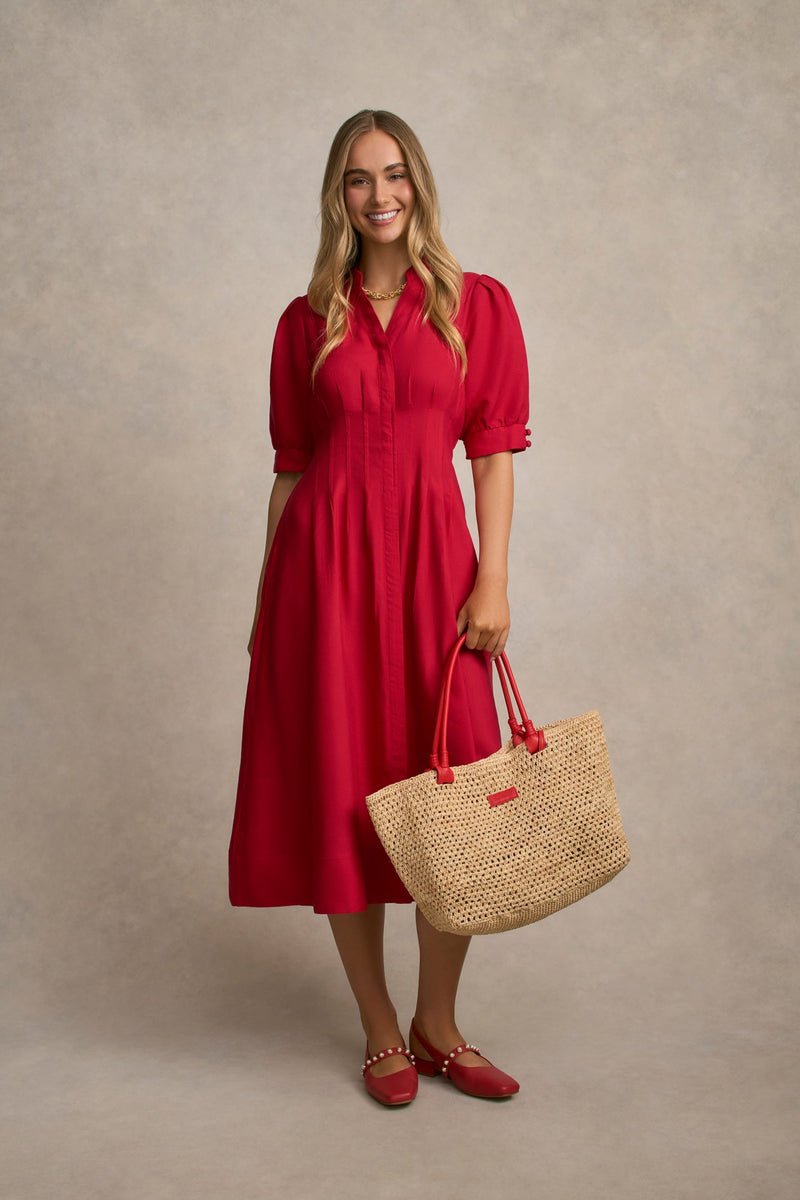 Pintuck Linen Dress - Brick Red