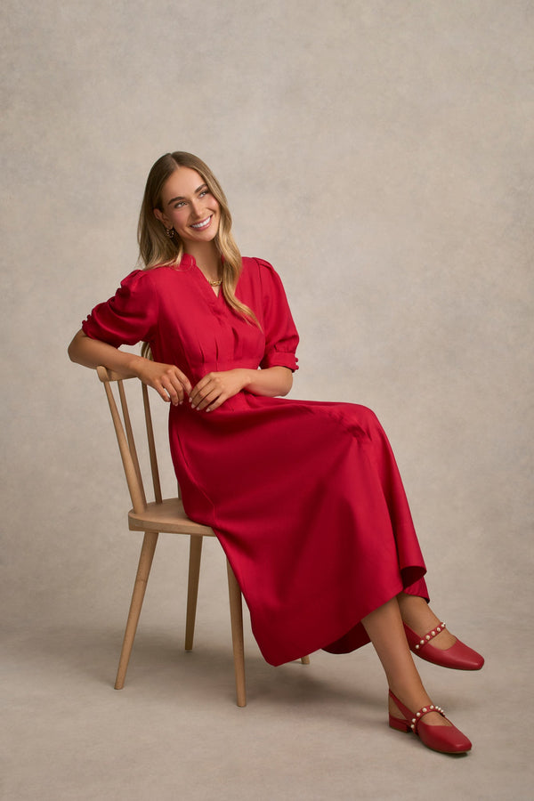 Pintuck Linen Dress - Brick Red