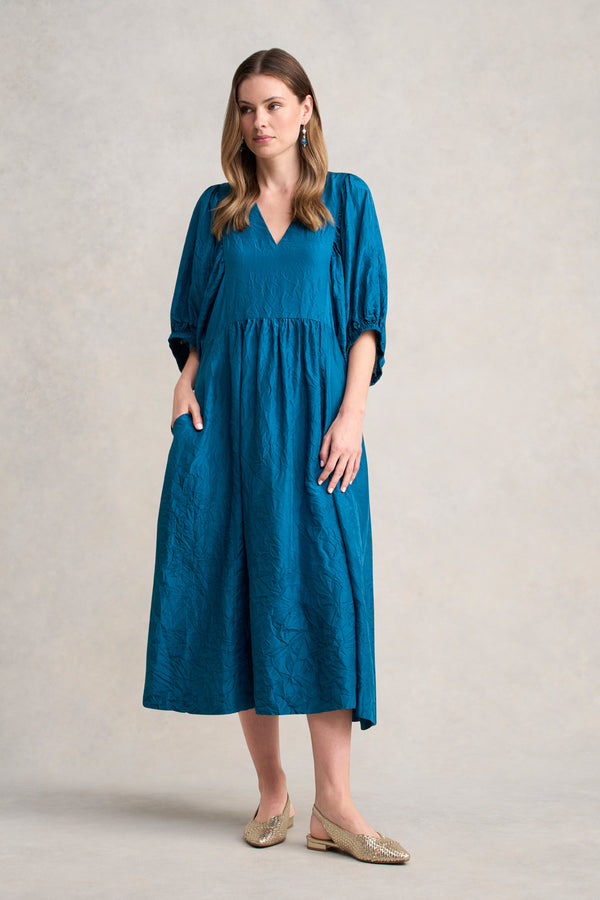 Gathered Sleeve Silk Dress - Teal