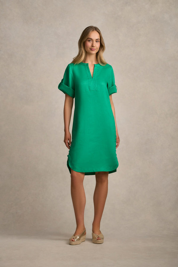 Buttoned Linen Shift Dress - Emerald Green
