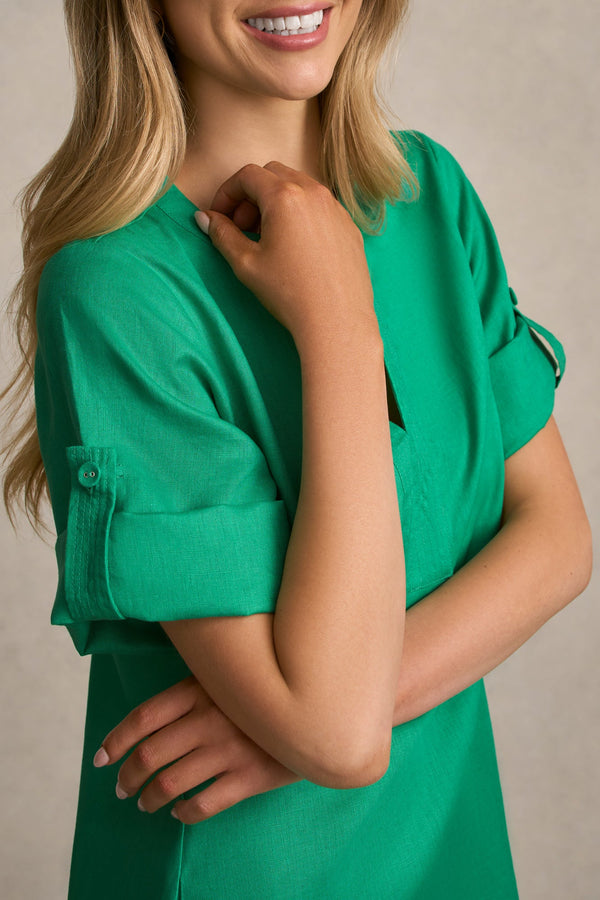 Buttoned Linen Shift Dress - Emerald Green