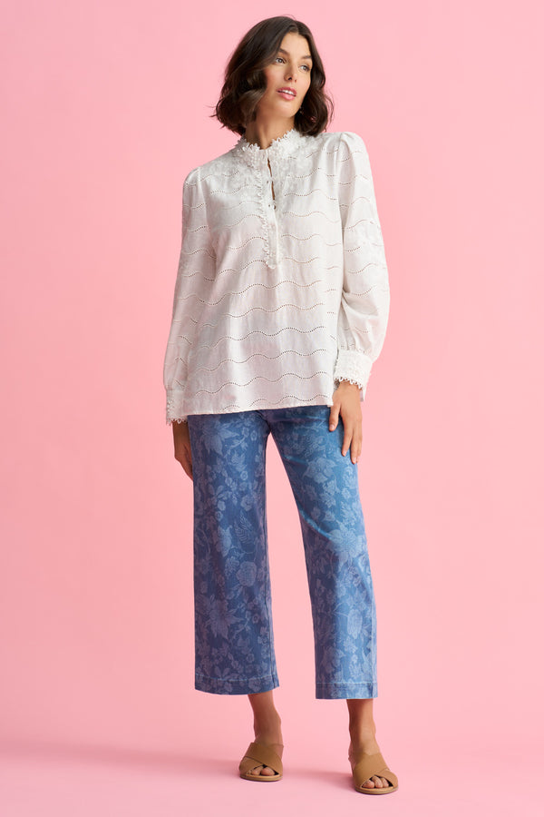 Embroidered Linen Blouse – Blue Illusion