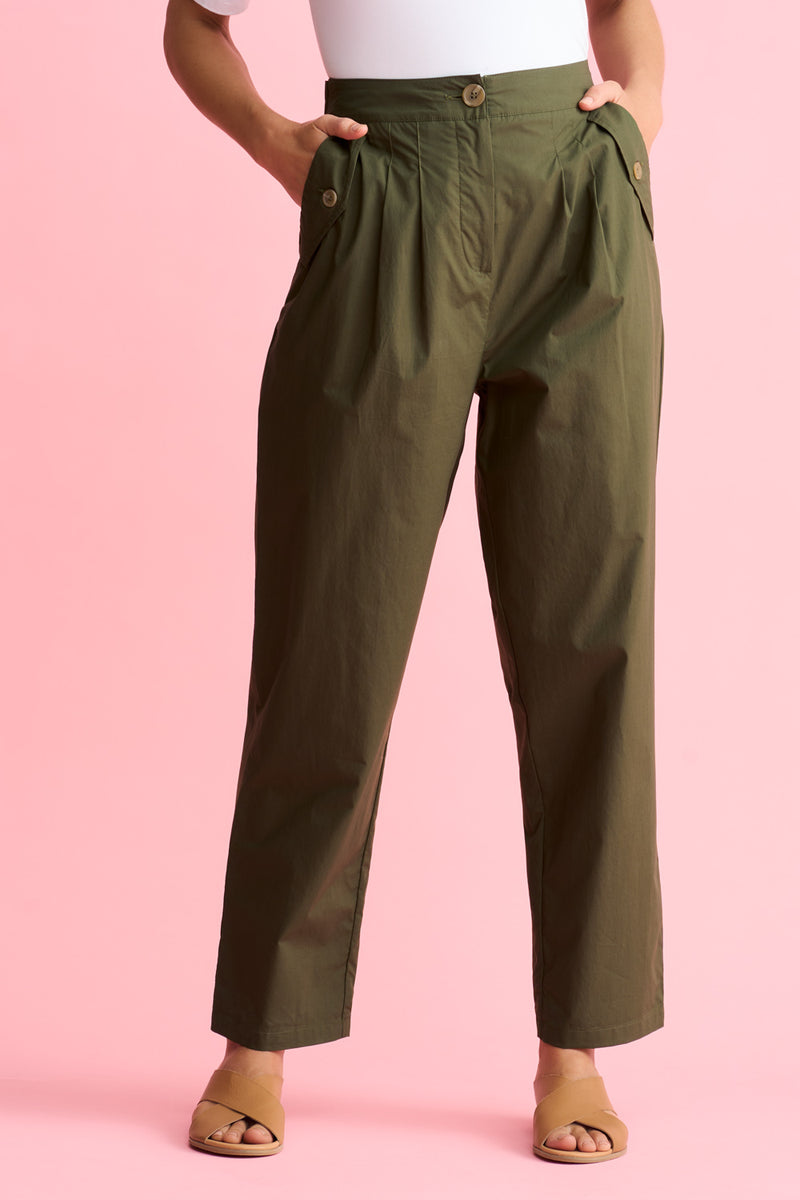 Tab Detail Cotton Pant - Dark Green