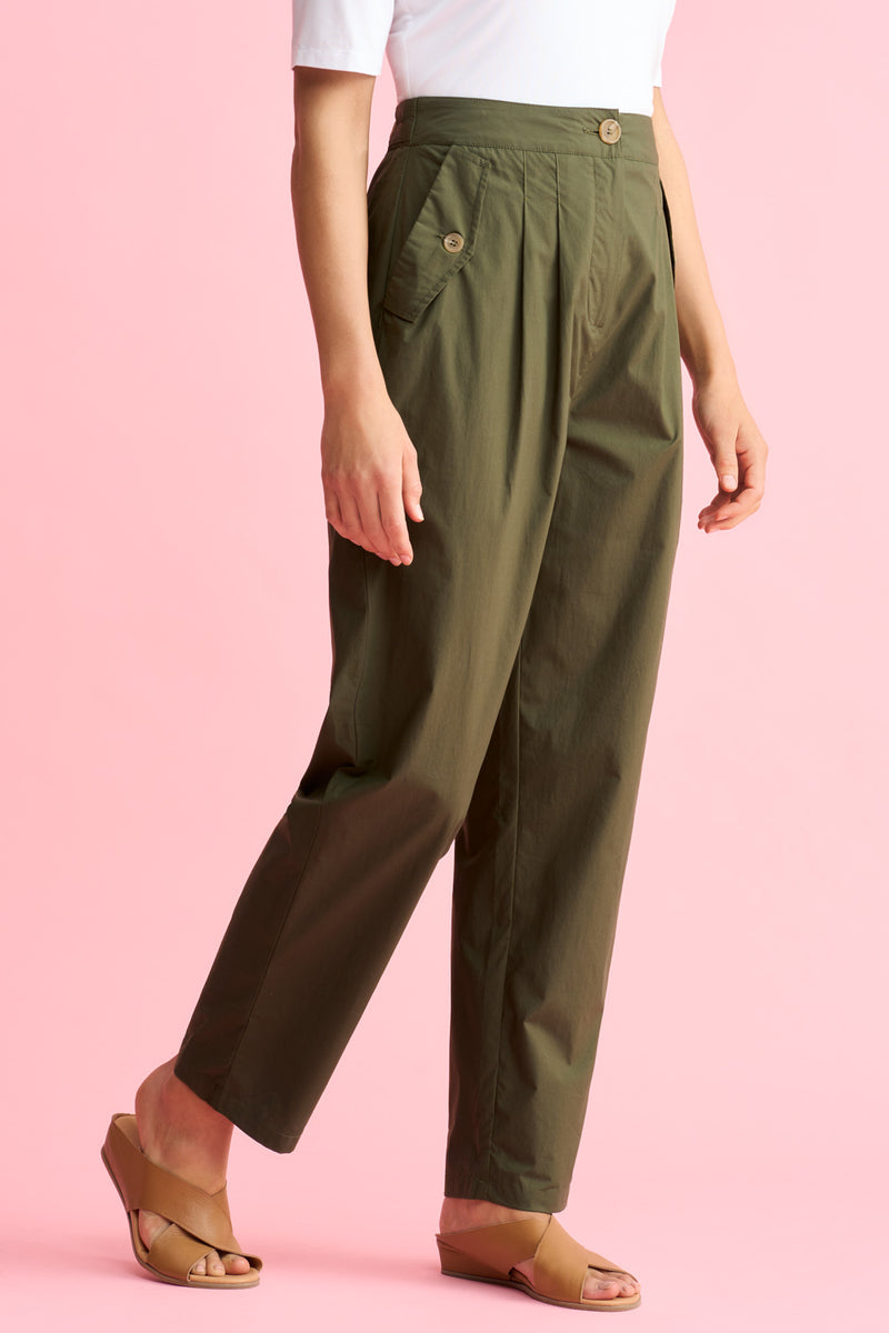 Tab Detail Cotton Pant - Dark Green