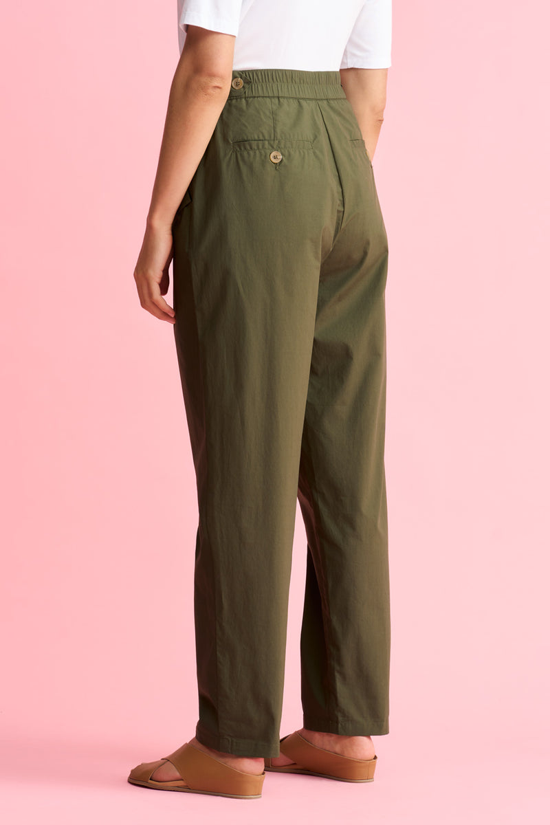 Tab Detail Cotton Pant - Dark Green