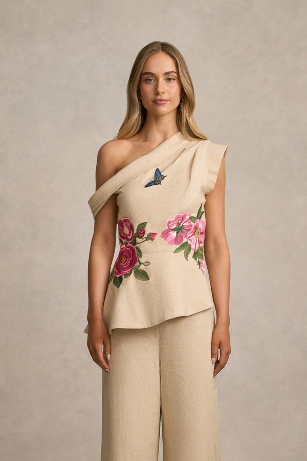 Asymmetric Draped Top - Spring Embroidery