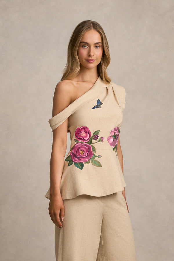 Asymmetric Draped Top - Spring Embroidery