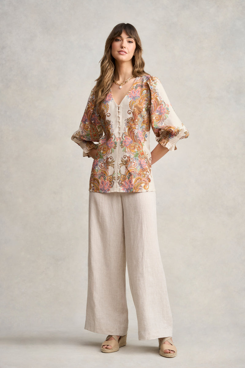 Paisley Border Print Blouse - Cream Paisley Border Print