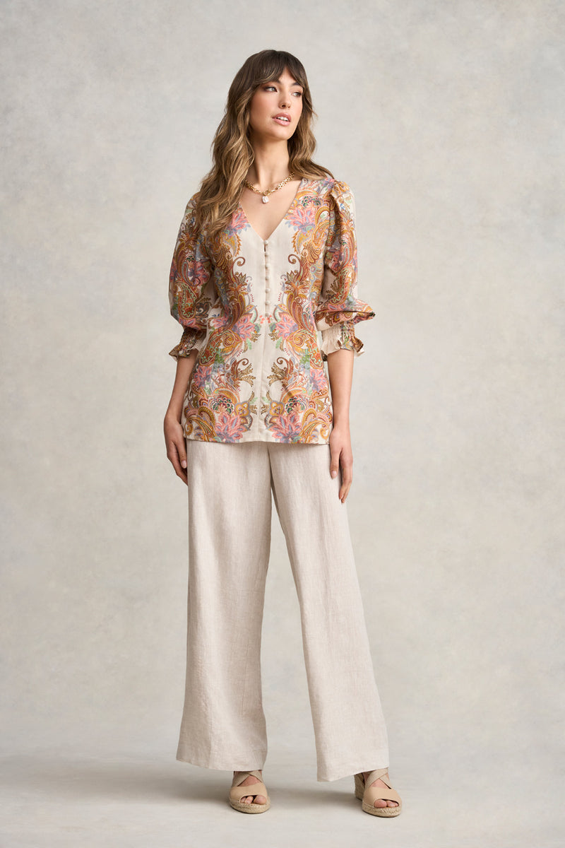 Paisley Border Print Blouse - Cream Paisley Border Print