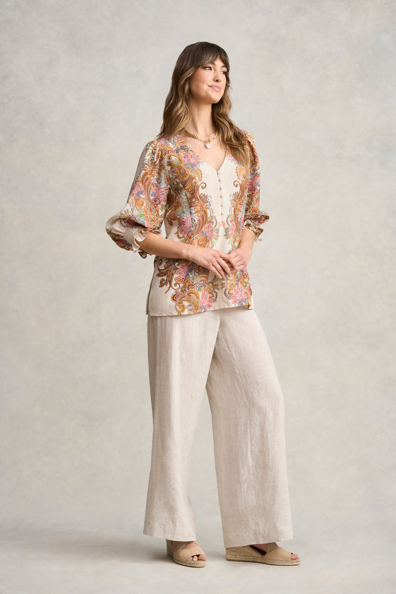 Paisley Border Print Blouse - Cream Paisley Border Print