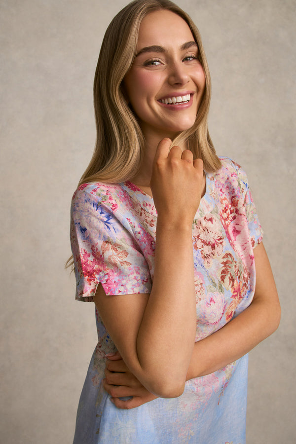 Printed Linen Dress - Cascading Blooms