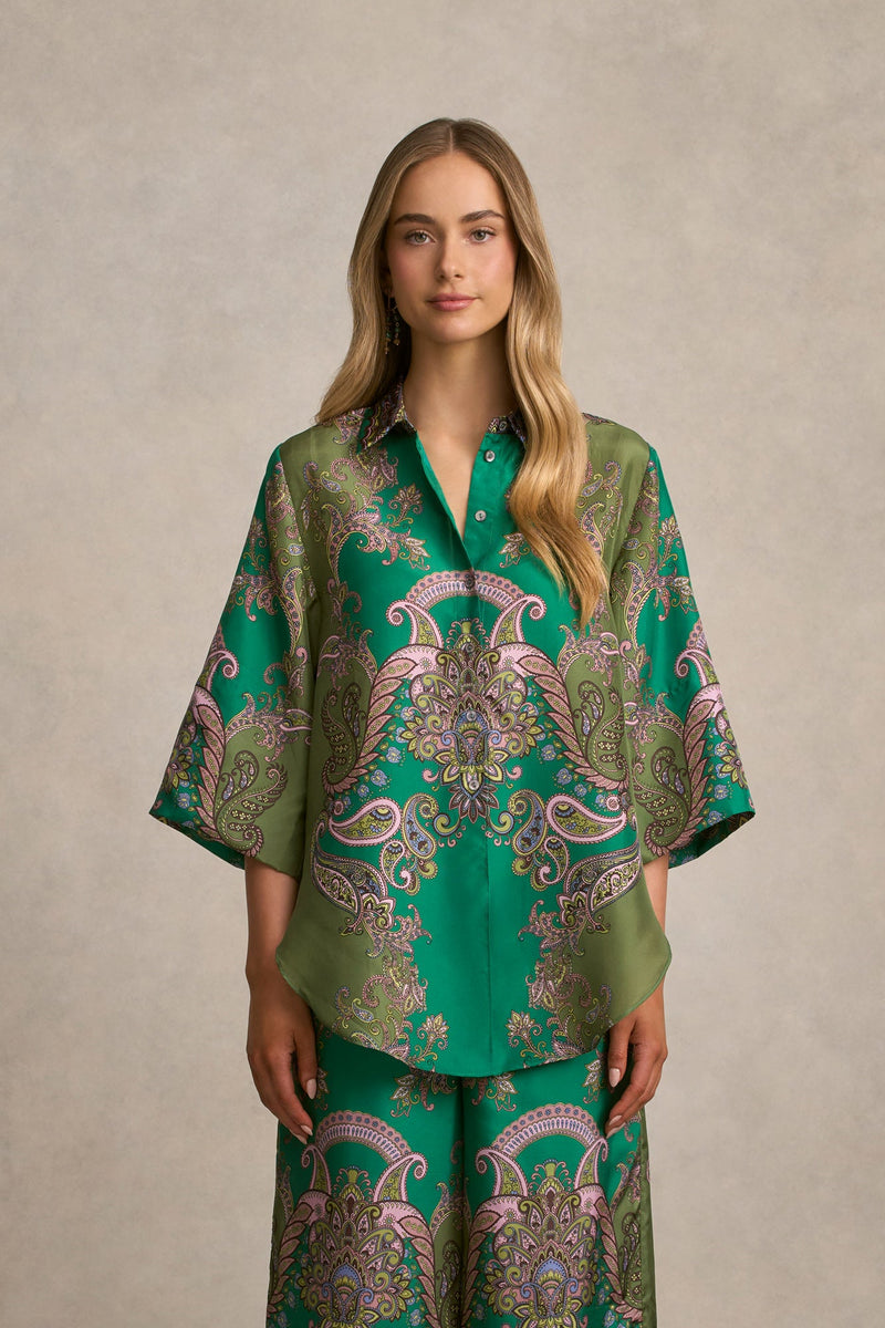 Printed Silk Shirt - Jade Paisley Print