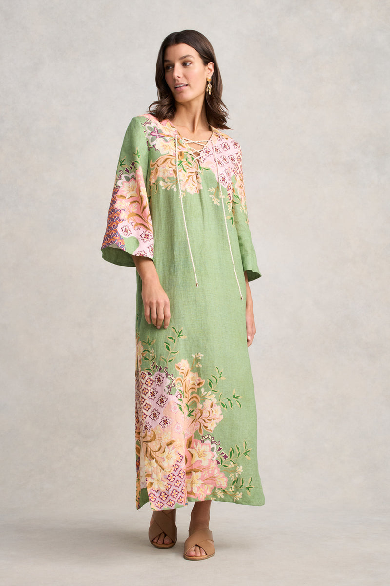 Linen Kaftan Dress - Patchwork Print
