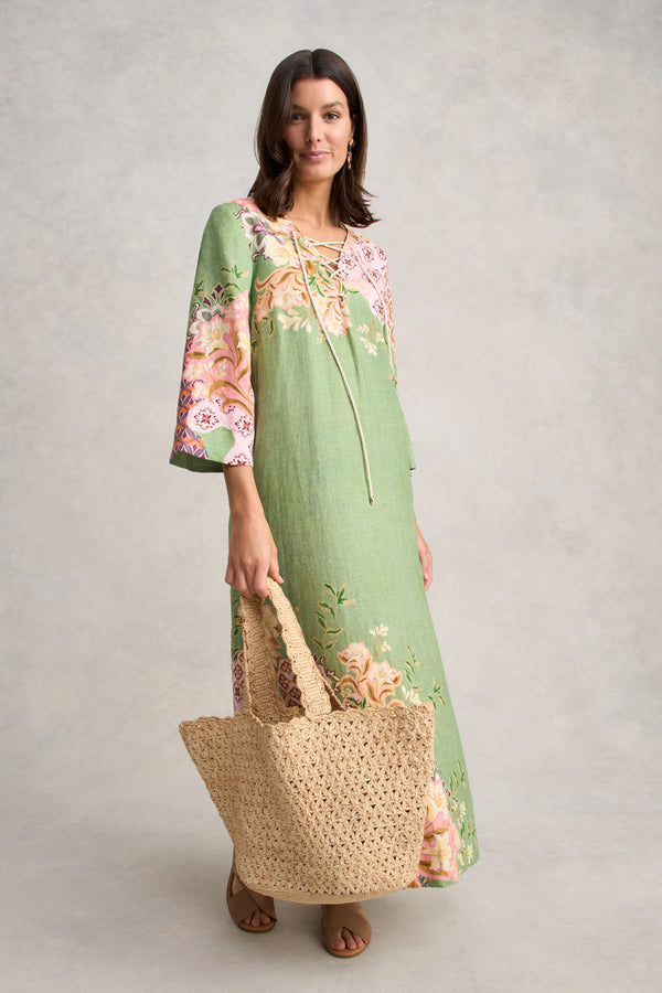 Linen Kaftan Dress - Patchwork Print