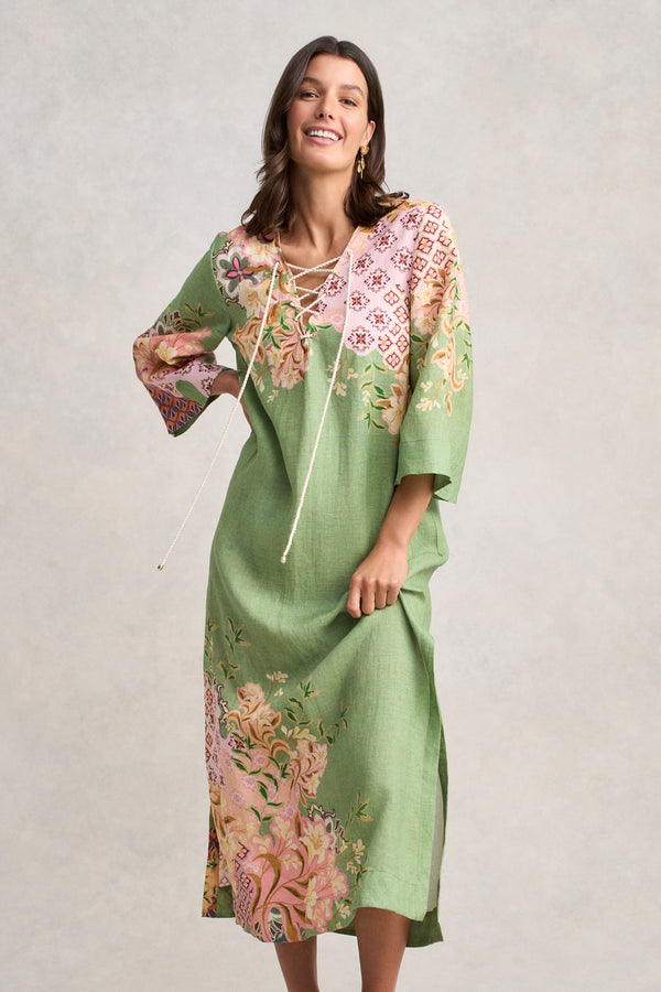 Linen Kaftan Dress - Patchwork Print