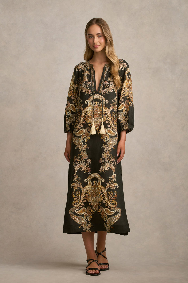 Printed Kaftan Dress - Gold Paisley Print