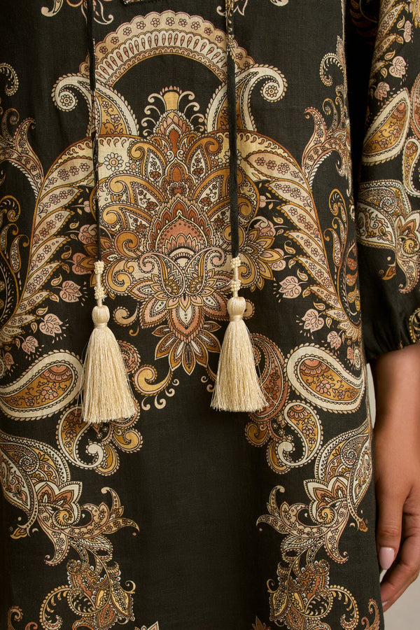 Printed Kaftan Dress - Gold Paisley Print