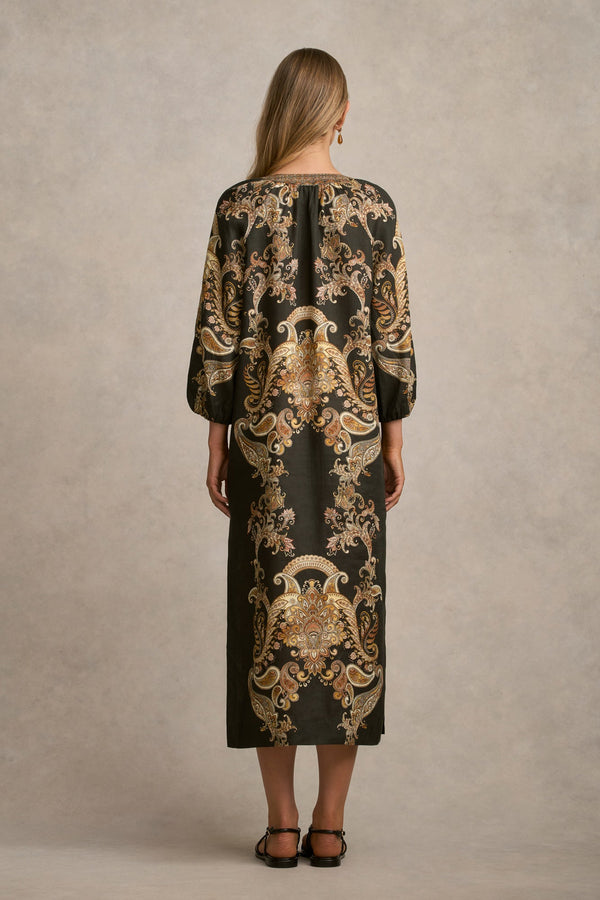 Printed Kaftan Dress - Gold Paisley Print