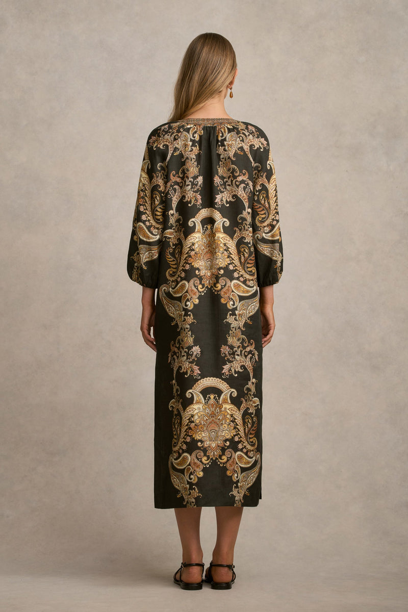 Printed Kaftan Dress - Gold Paisley Print