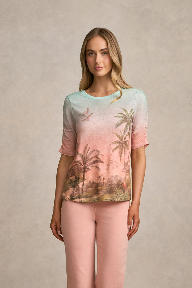 Ruched Sleeve T-Shirt - Sunset Tropics