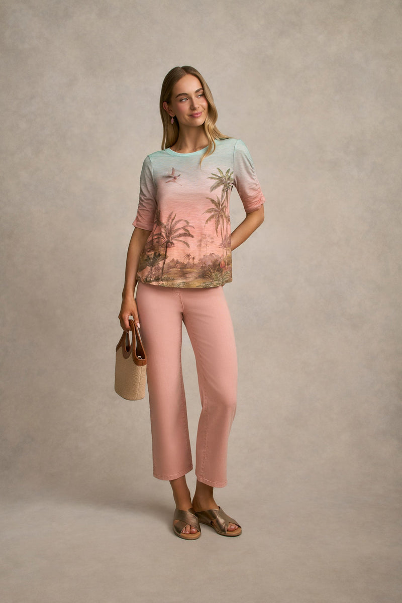 Ruched Sleeve T-Shirt - Sunset Tropics