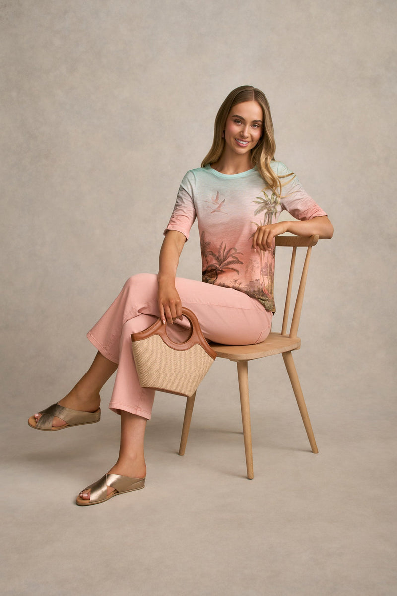 Ruched Sleeve T-Shirt - Sunset Tropics