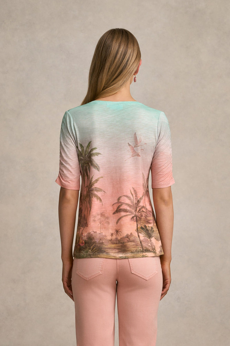 Ruched Sleeve T-Shirt - Sunset Tropics