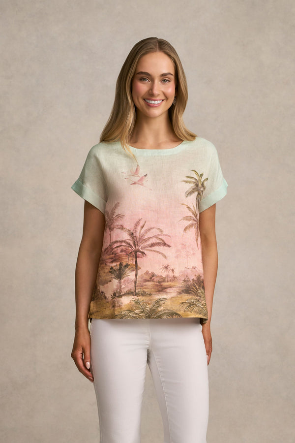 Linen Button Back Top - Sunset Tropics