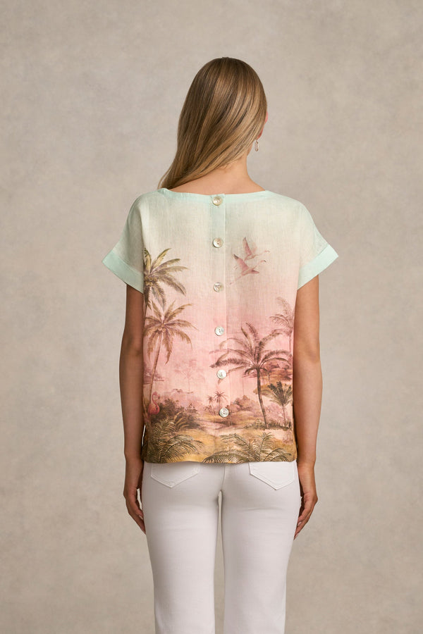 Linen Button Back Top - Sunset Tropics