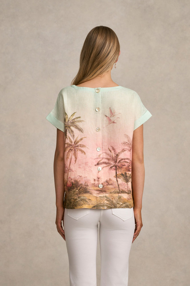 Linen Button Back Top - Sunset Tropics