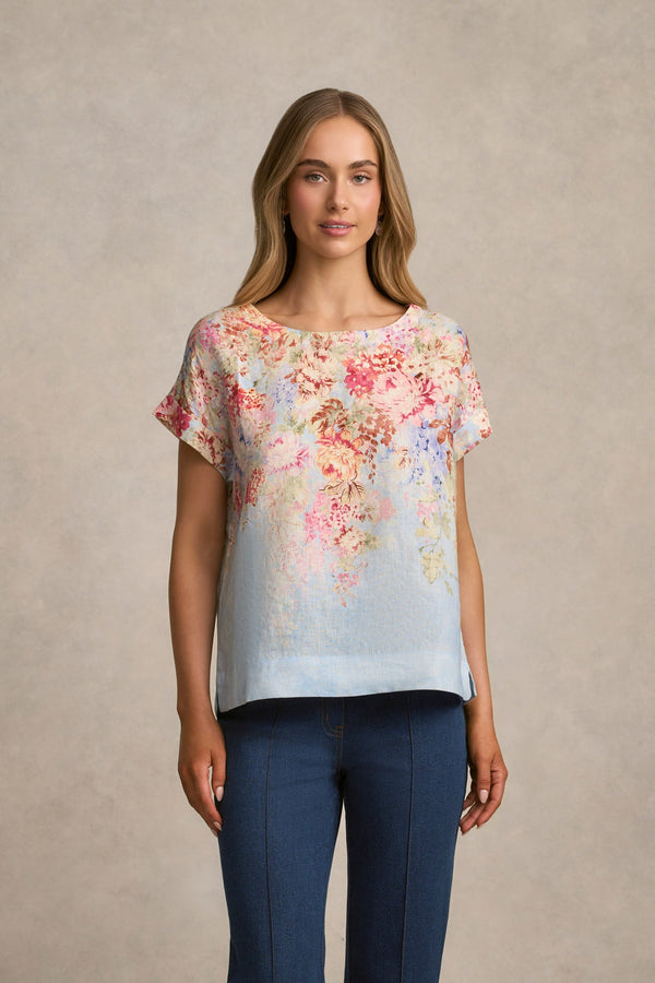 Linen Button Back Top - Cascading Blooms