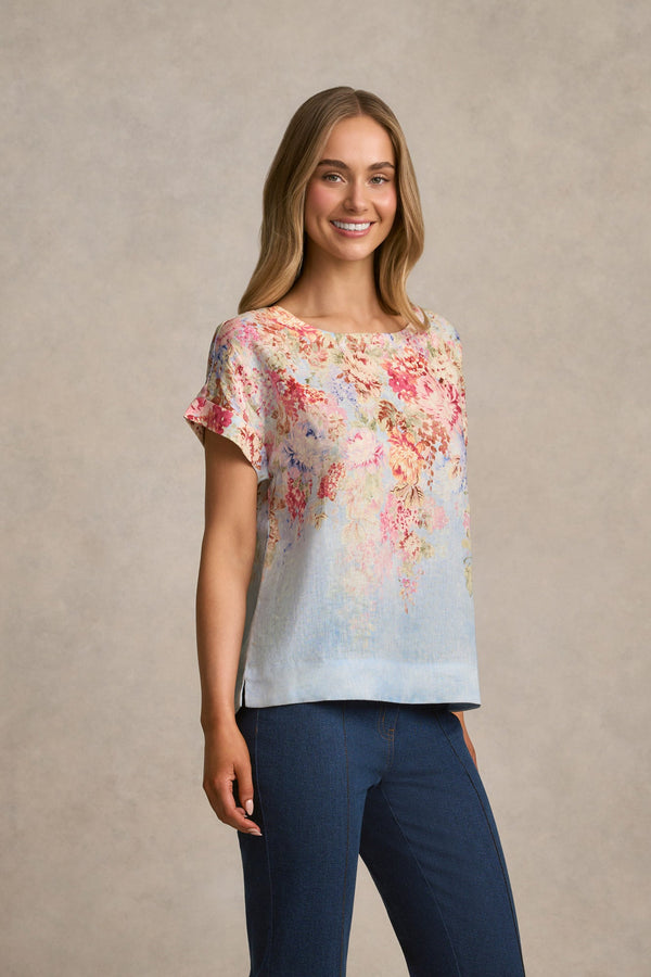 Linen Button Back Top - Cascading Blooms