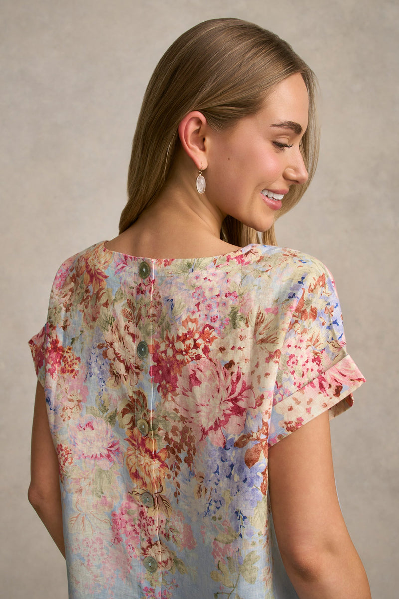 Linen Button Back Top - Cascading Blooms