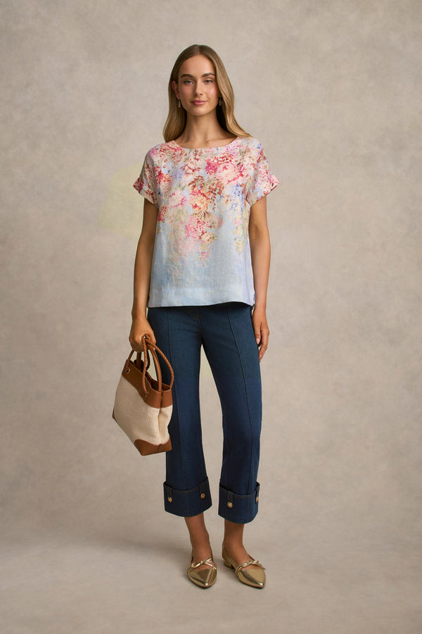 Linen Button Back Top - Cascading Blooms