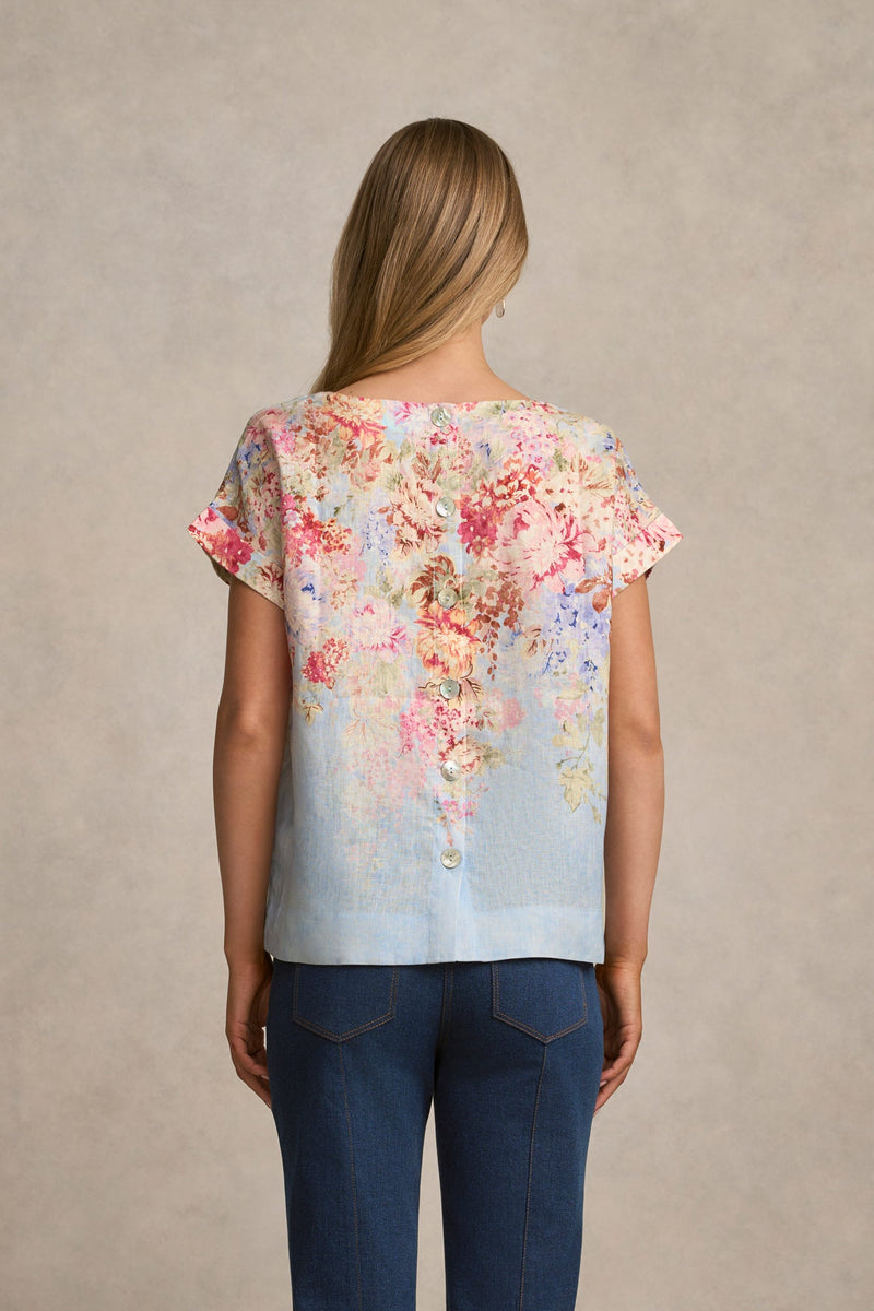 Linen Button Back Top - Cascading Blooms