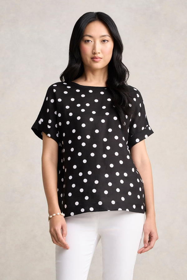 Linen Mix Top - Black Polka Dot